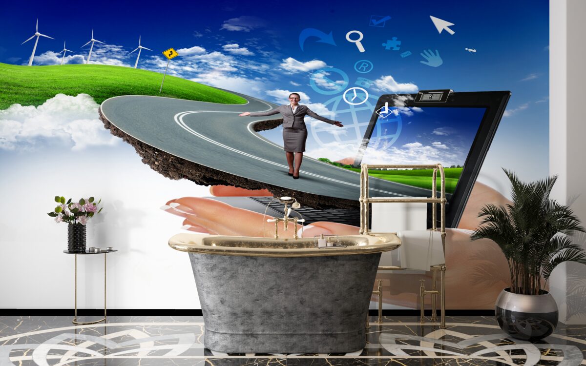 Фотошпалери в небі - дорога абстракція з дівчиною, що йде