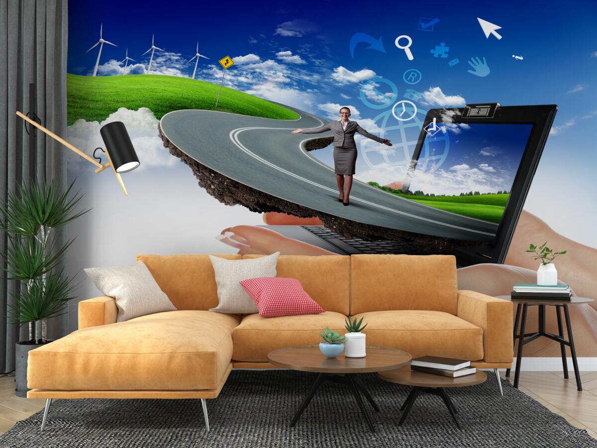 Фотошпалери в небі - дорога абстракція з дівчиною, що йде