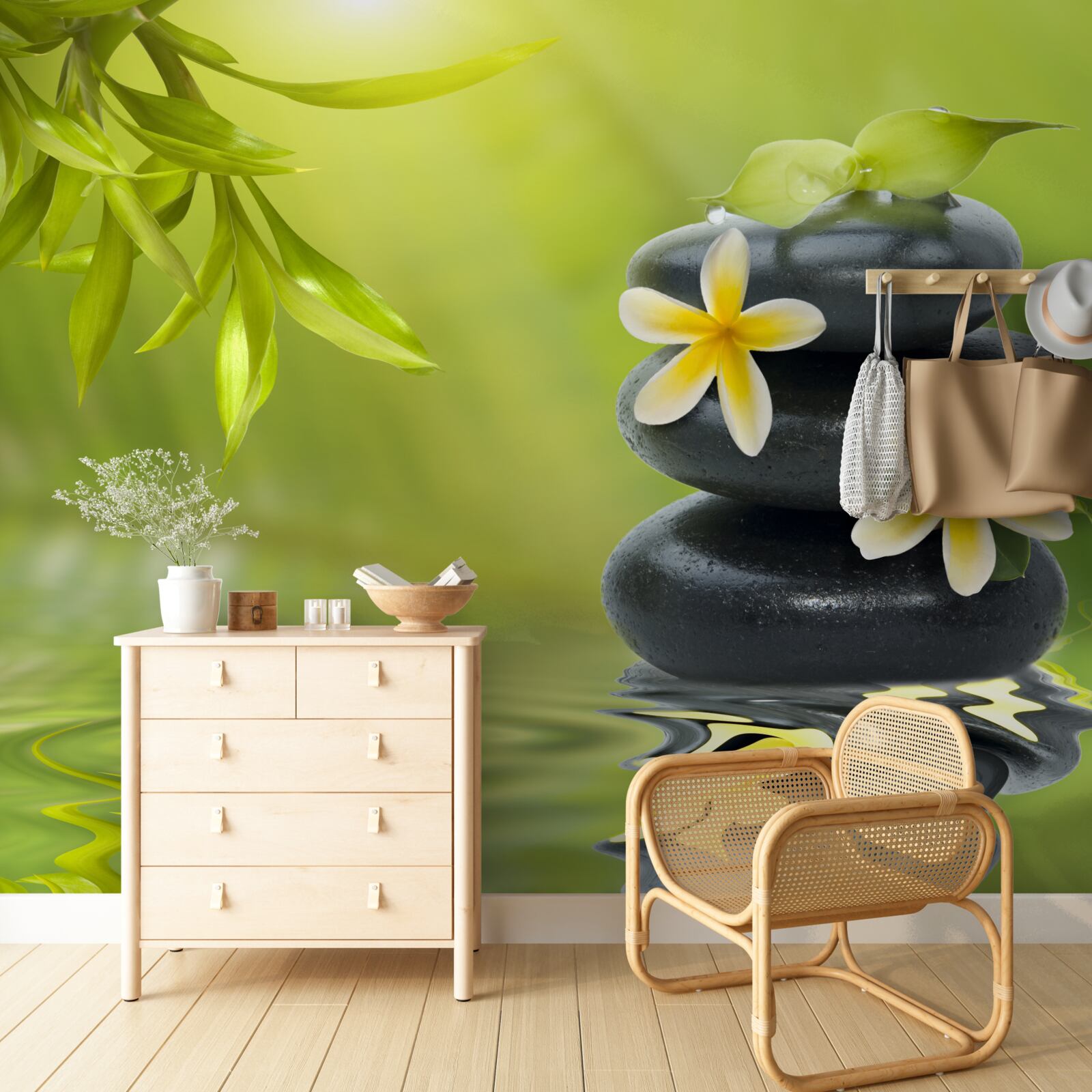 Фотошпалери Жовті квіти на темному камені біля води