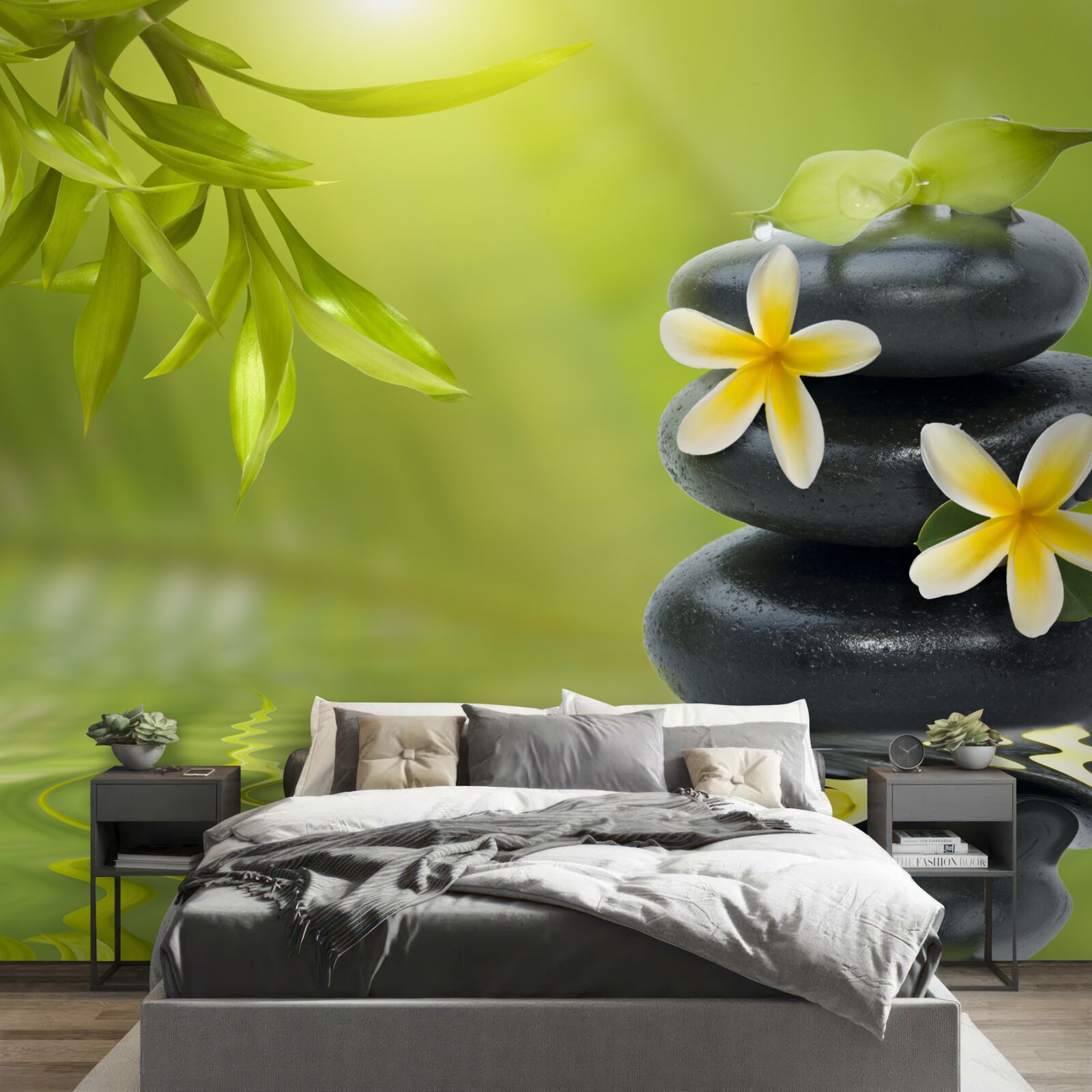 Фотошпалери Жовті квіти на темному камені біля води