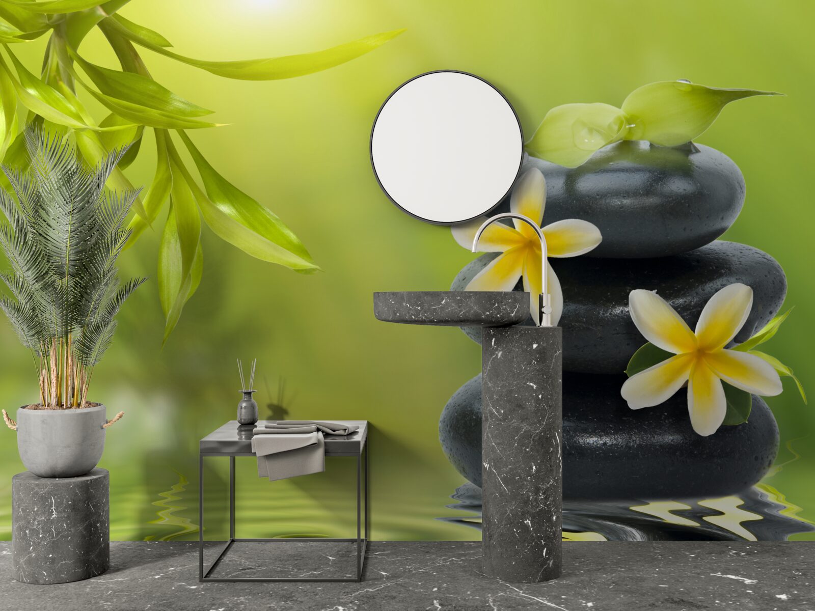 Фотошпалери Жовті квіти на темному камені біля води