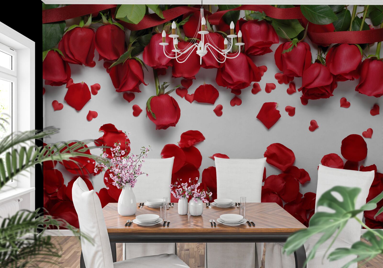 Фотошпалери пелюстки опадають з червоних і червоних троянд