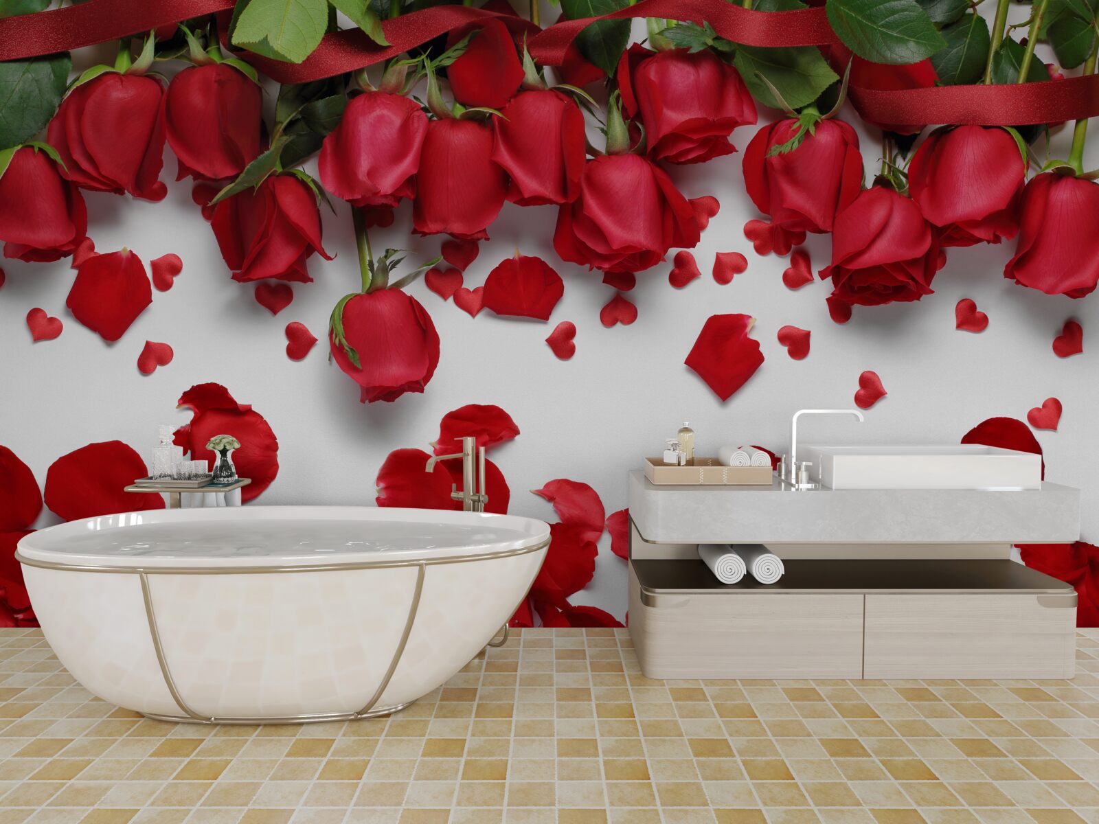 Фотошпалери пелюстки опадають з червоних і червоних троянд