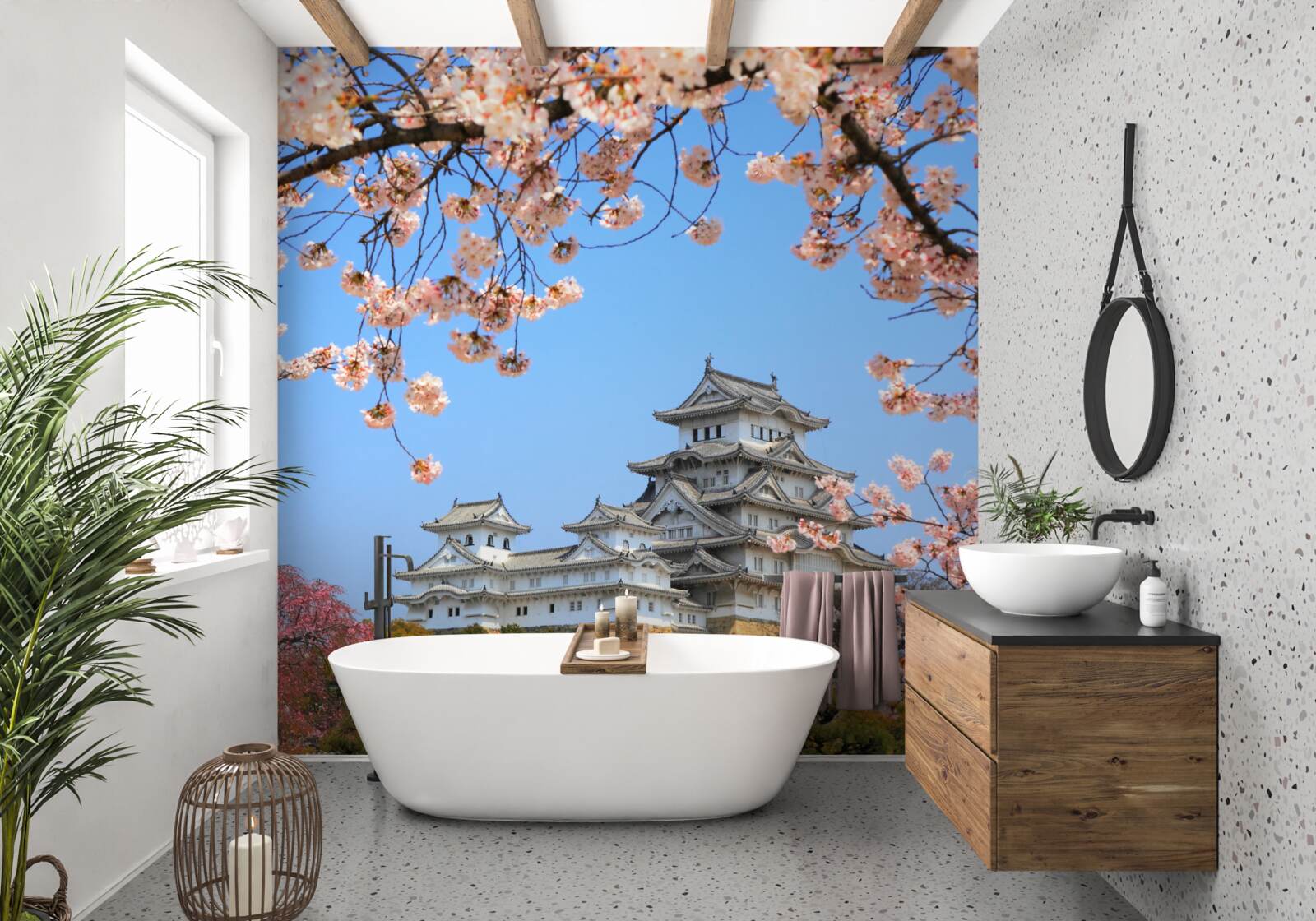 Фотошпалери старовинний японський храм в оточенні сакур