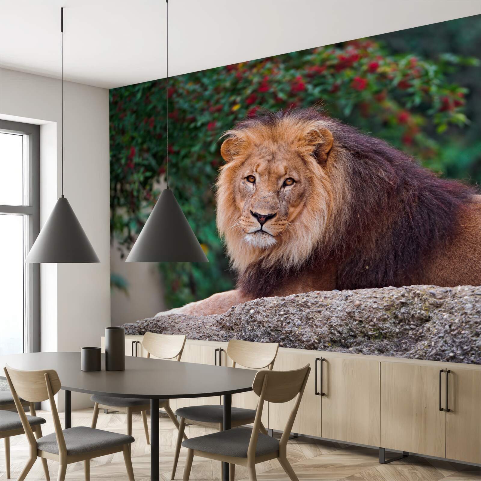 Фотошпалери дорослий лев сидить на скелі і чекає на левицю