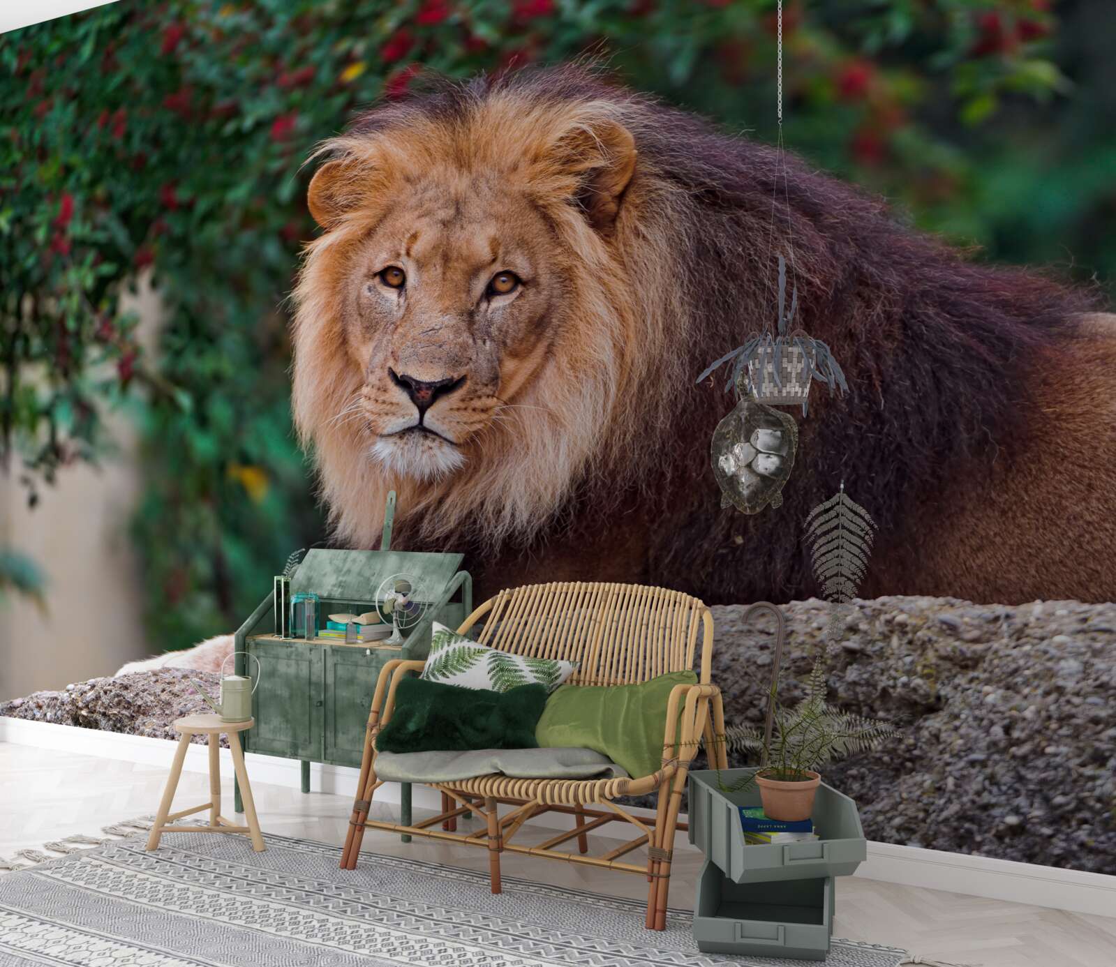 Фотошпалери дорослий лев сидить на скелі і чекає на левицю