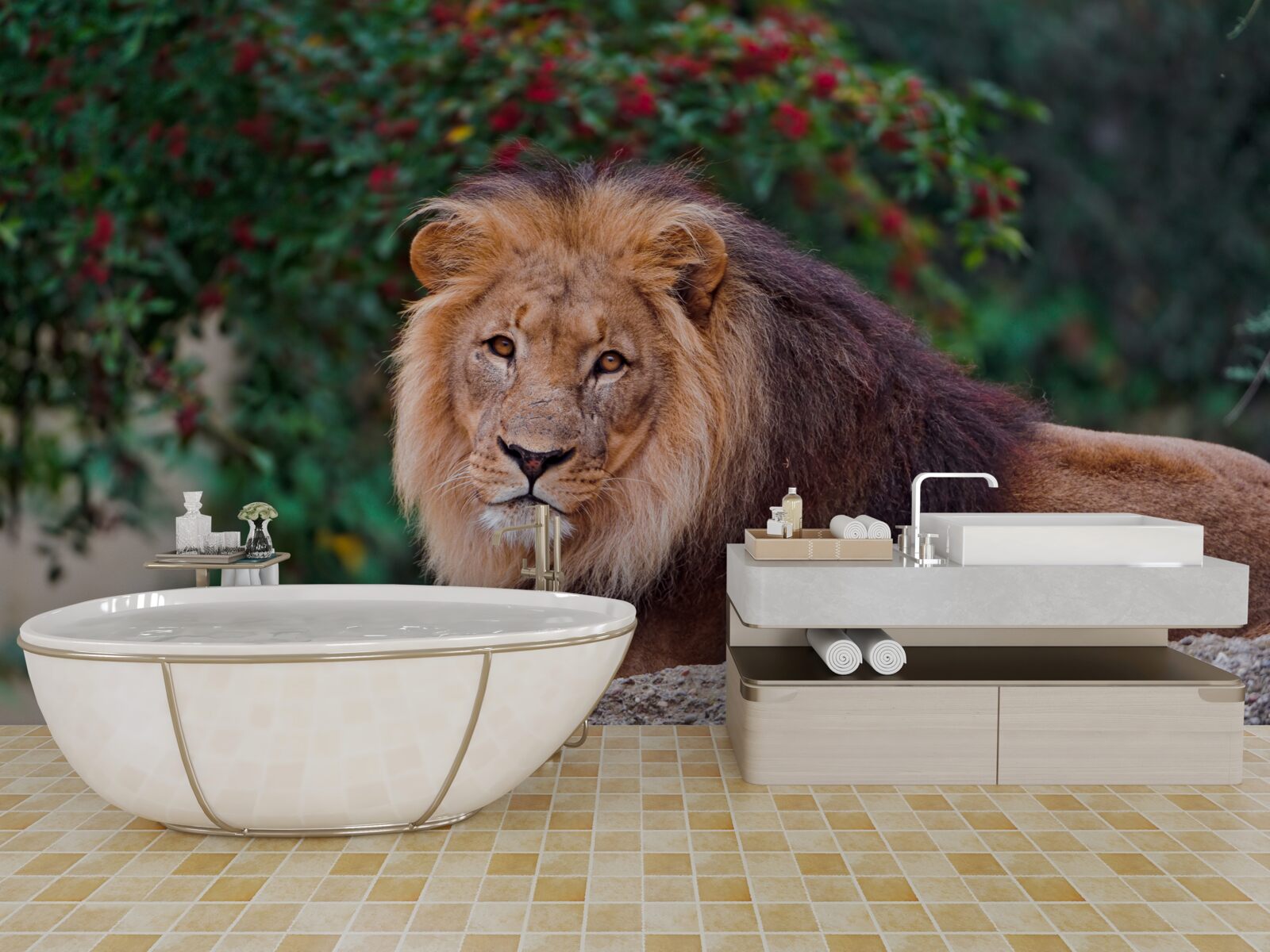 Фотошпалери дорослий лев сидить на скелі і чекає на левицю