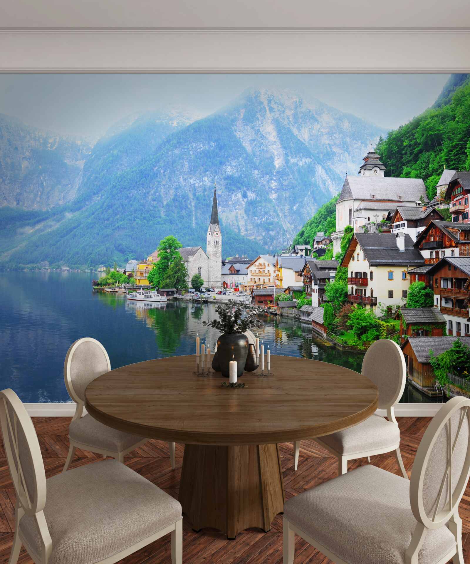 Фотошпалери тихе швейцарське село біля підніжжя гори поруч зі ставком