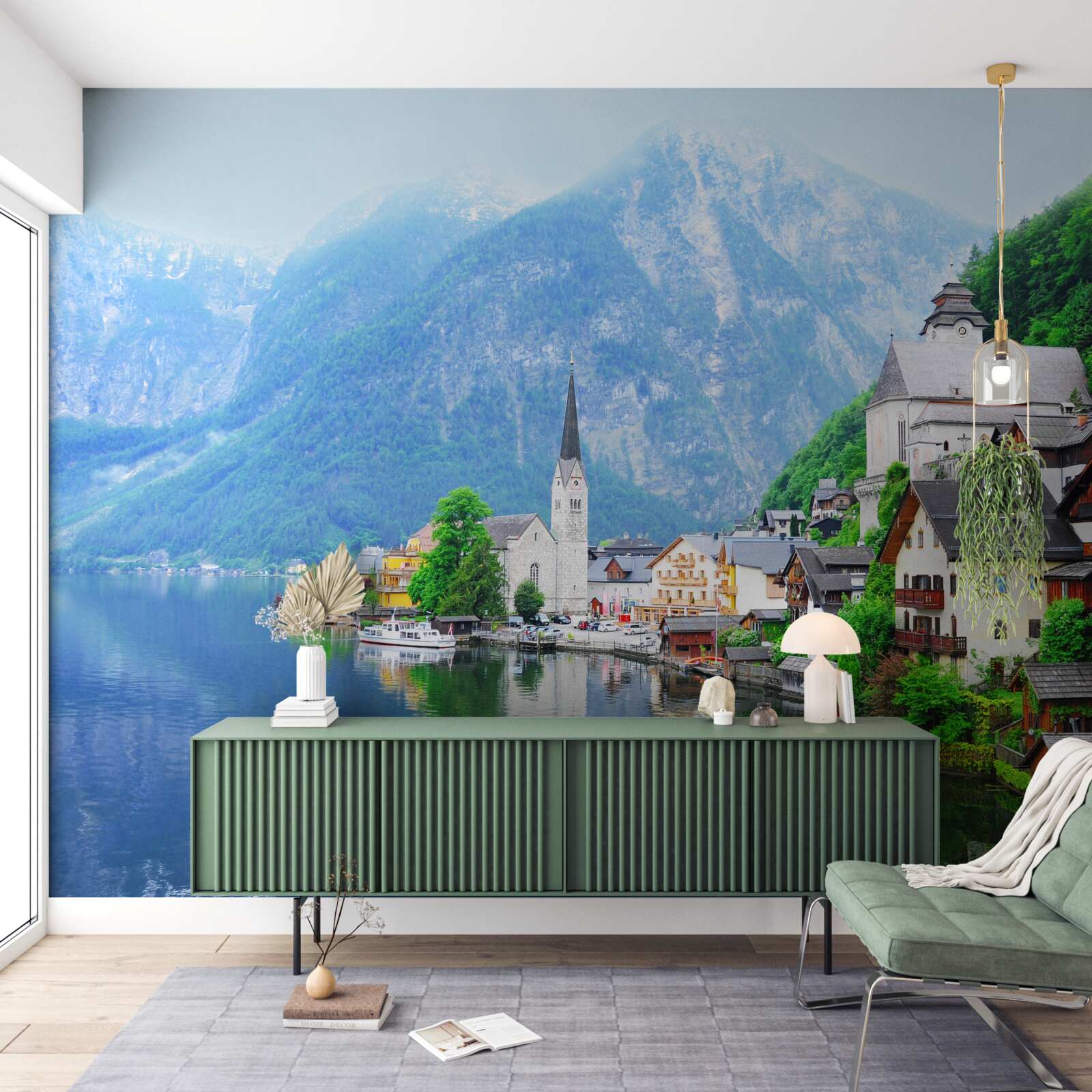 Фотошпалери тихе швейцарське село біля підніжжя гори поруч зі ставком