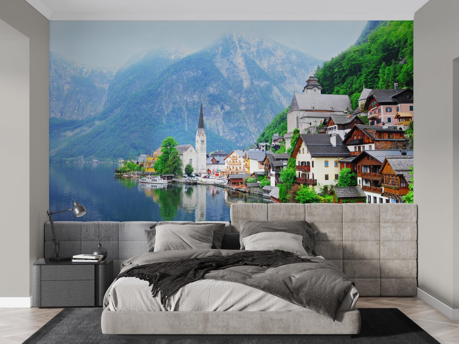 Фотошпалери тихе швейцарське село біля підніжжя гори поруч зі ставком