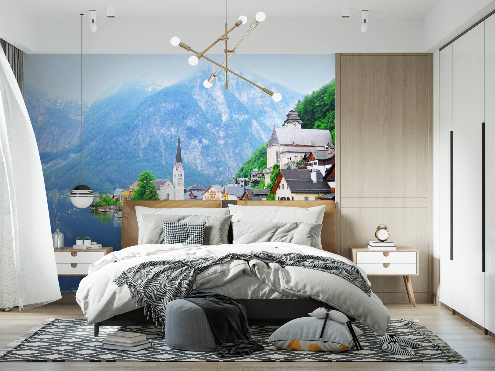 Фотошпалери тихе швейцарське село біля підніжжя гори поруч зі ставком