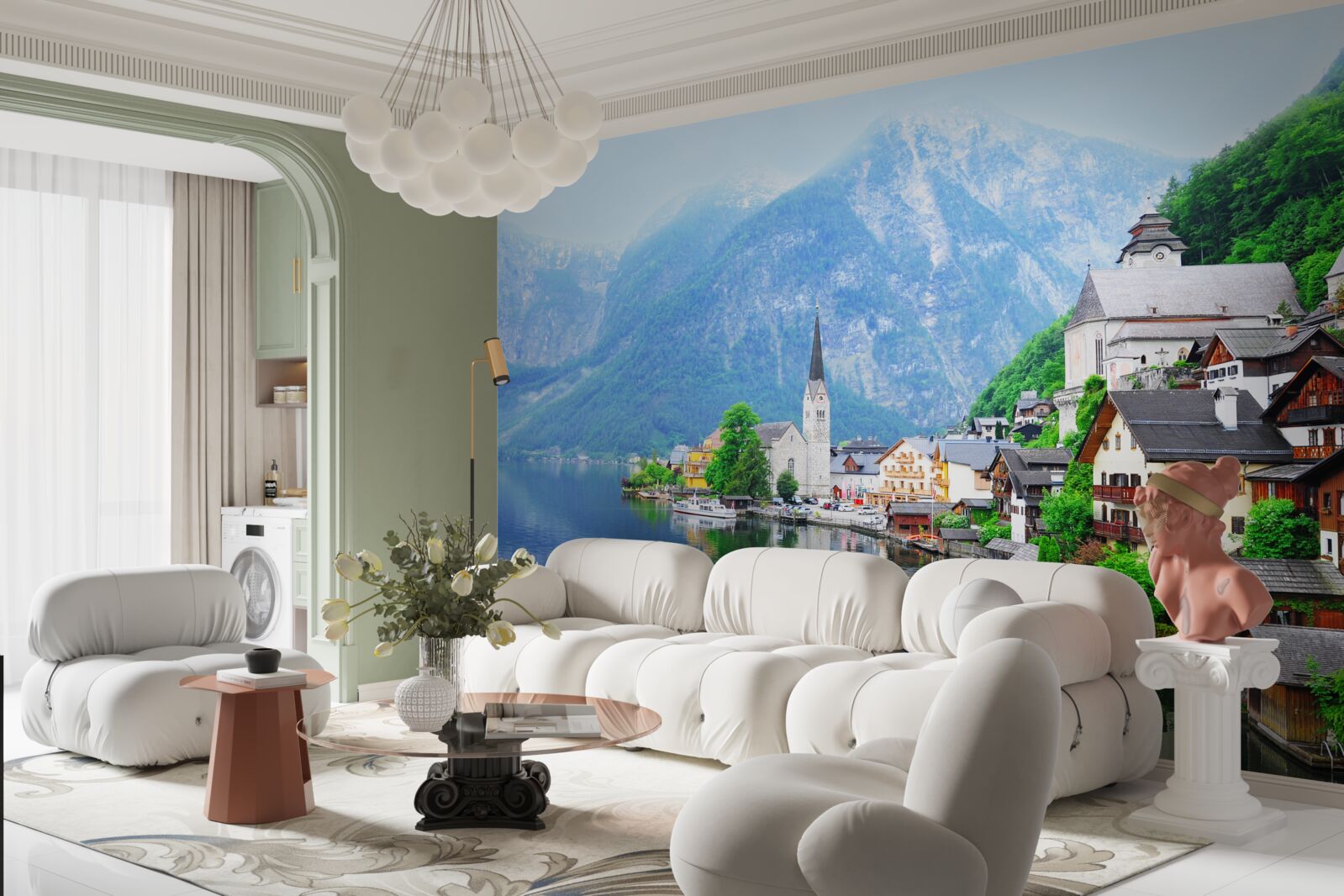 Фотошпалери тихе швейцарське село біля підніжжя гори поруч зі ставком