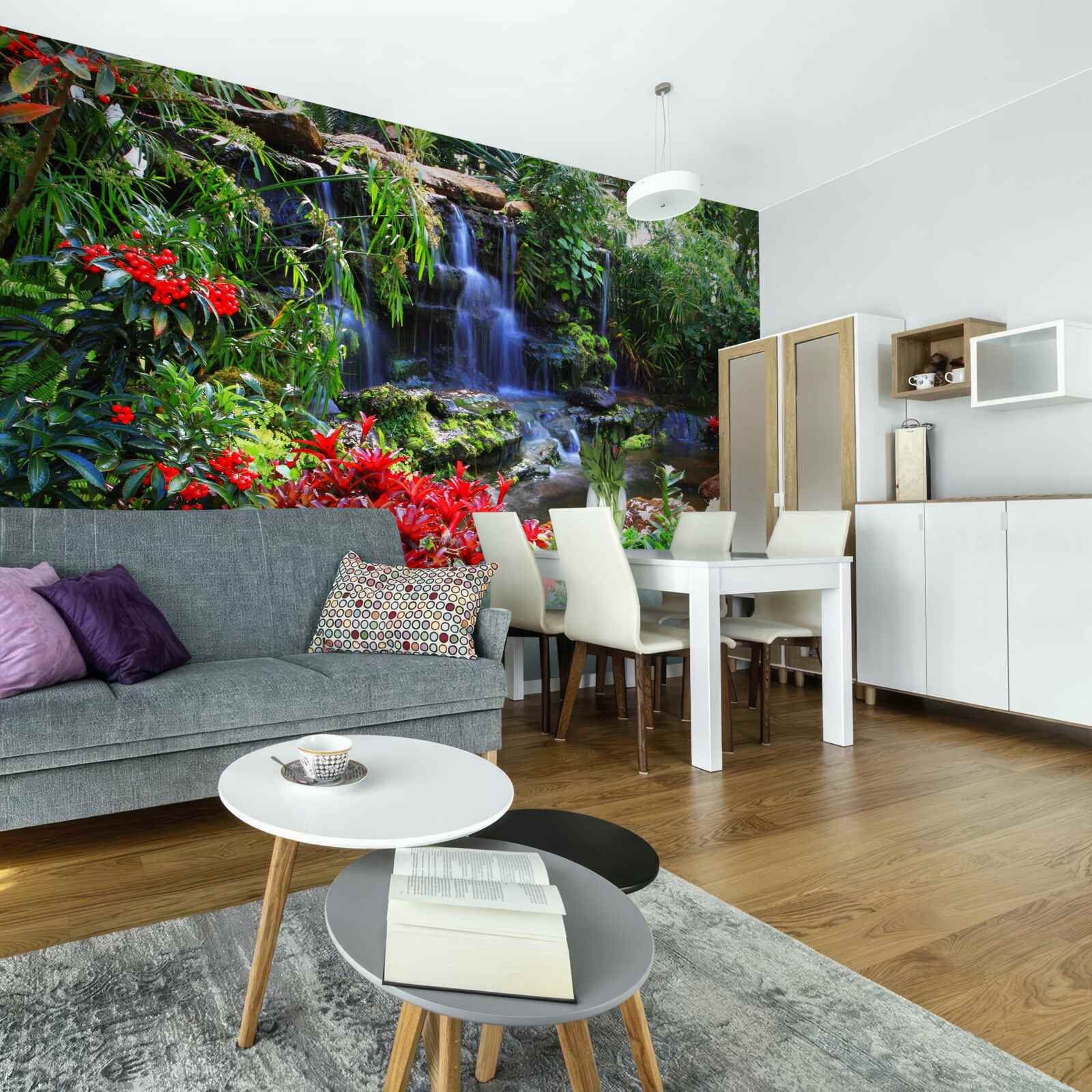 Фотошпалери чарівне місце біля водоспаду, оточене квітами