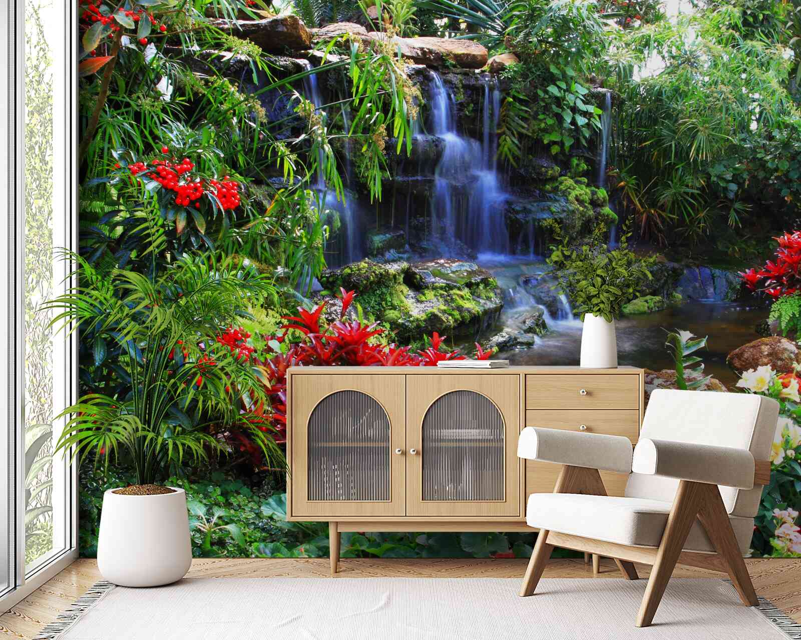 Фотошпалери чарівне місце біля водоспаду, оточене квітами