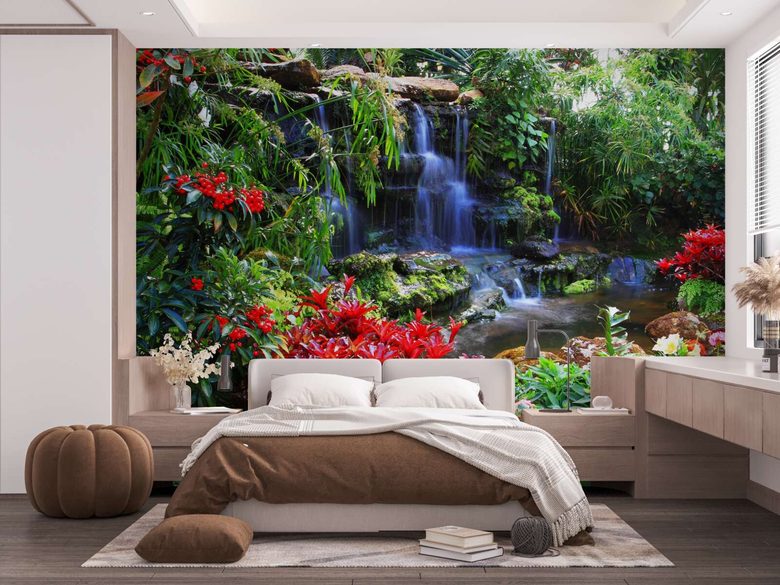 Фотошпалери чарівне місце біля водоспаду, оточене квітами