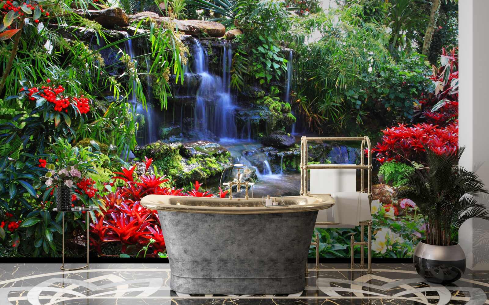 Фотошпалери чарівне місце біля водоспаду, оточене квітами