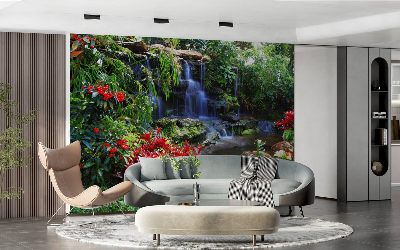 Фотошпалери чарівне місце біля водоспаду, оточене квітами