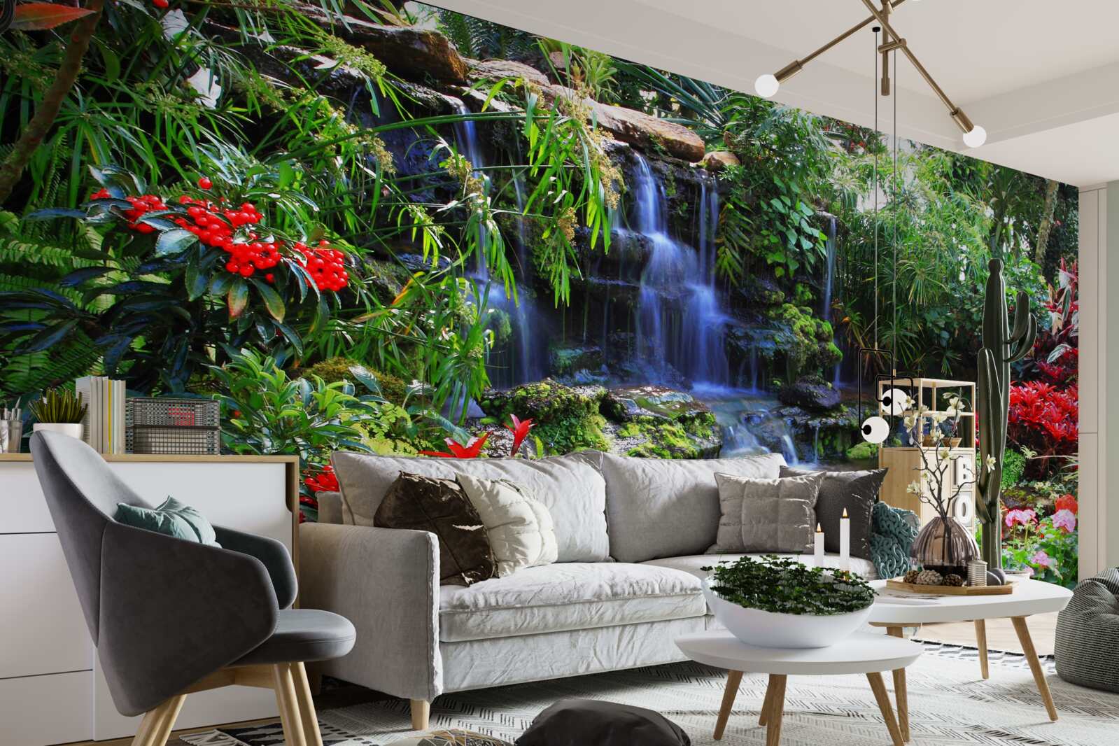 Фотошпалери чарівне місце біля водоспаду, оточене квітами