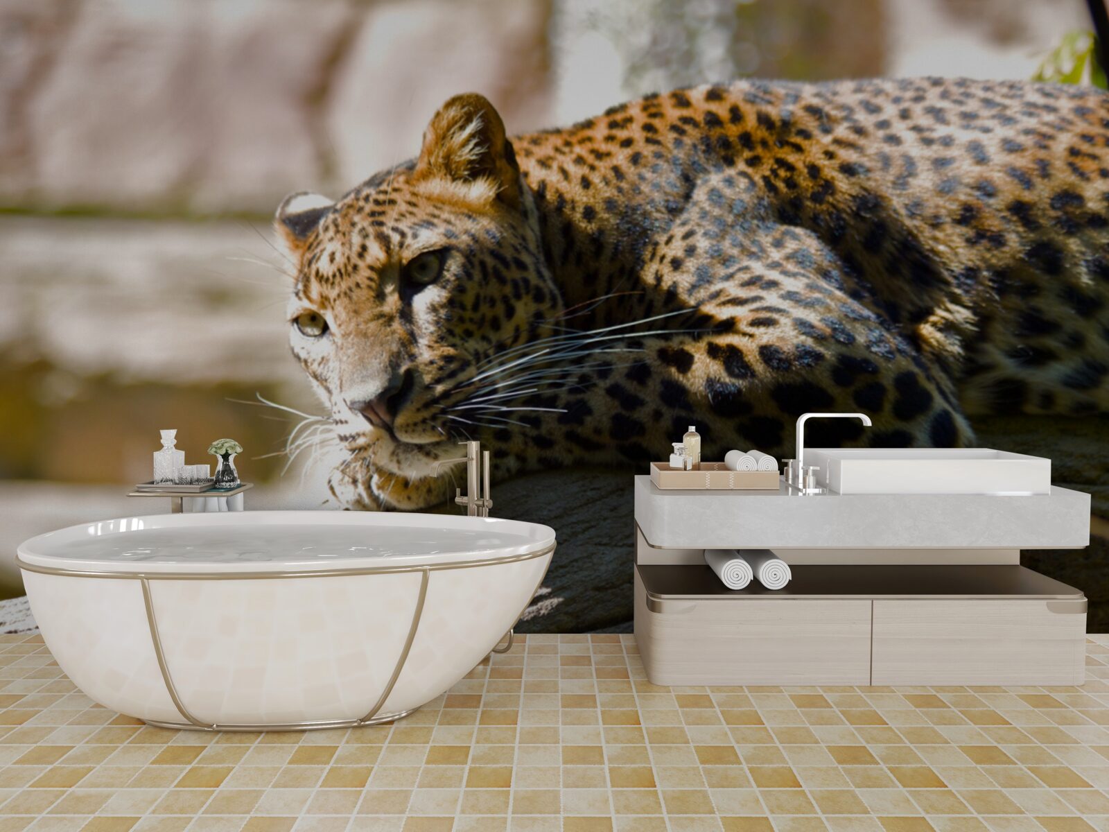 Фотошпалери пантера гріється на спекотному сонці