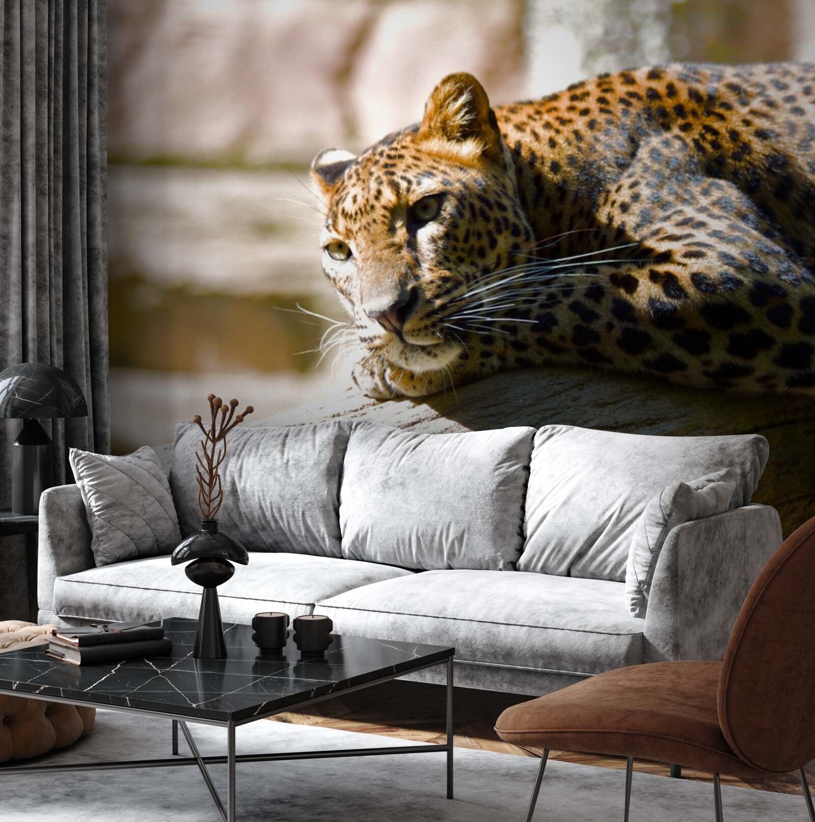 Фотошпалери пантера гріється на спекотному сонці