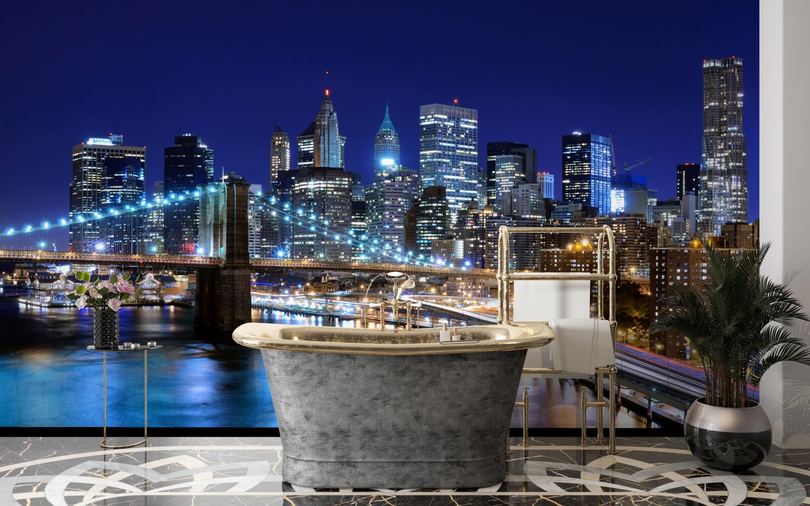 Фотошпалери освітлена набережна Манхеттена вночі