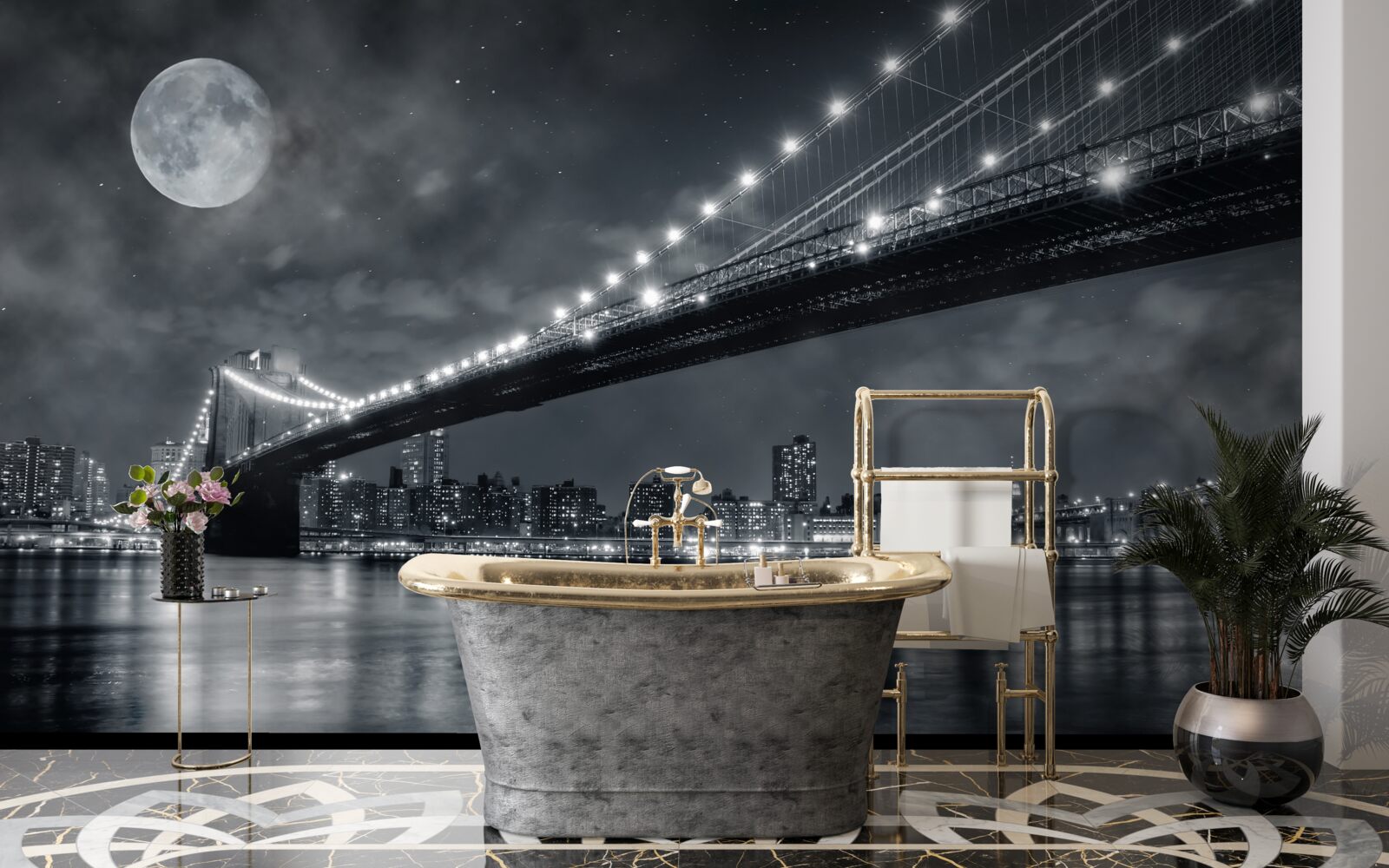 Фотошпалери ніч і освітлений манхеттенський міст