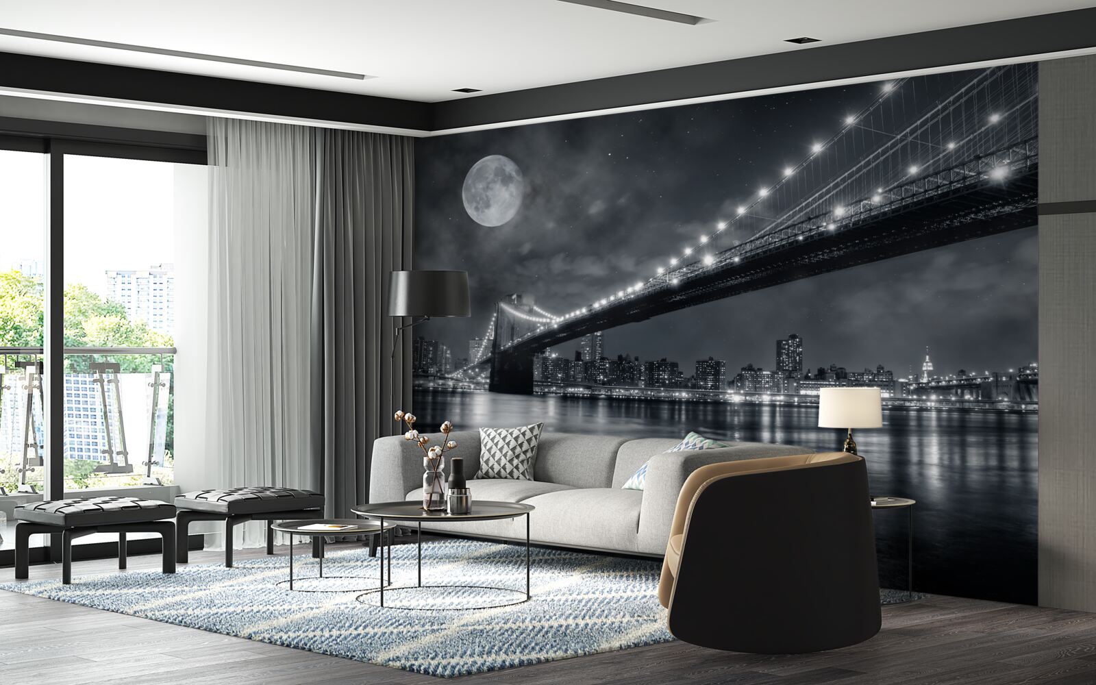 Фотошпалери ніч і освітлений манхеттенський міст