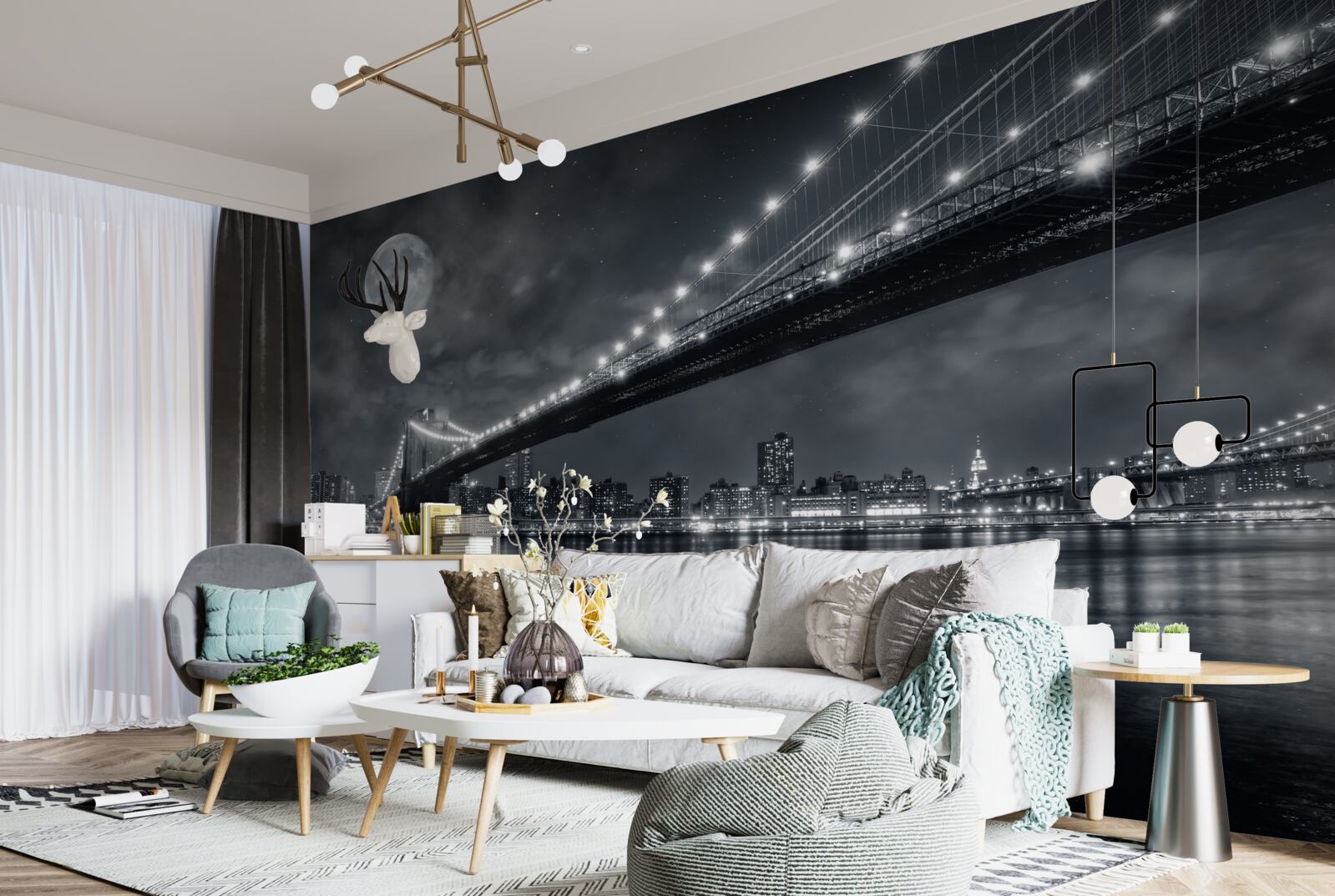 Фотошпалери ніч і освітлений манхеттенський міст