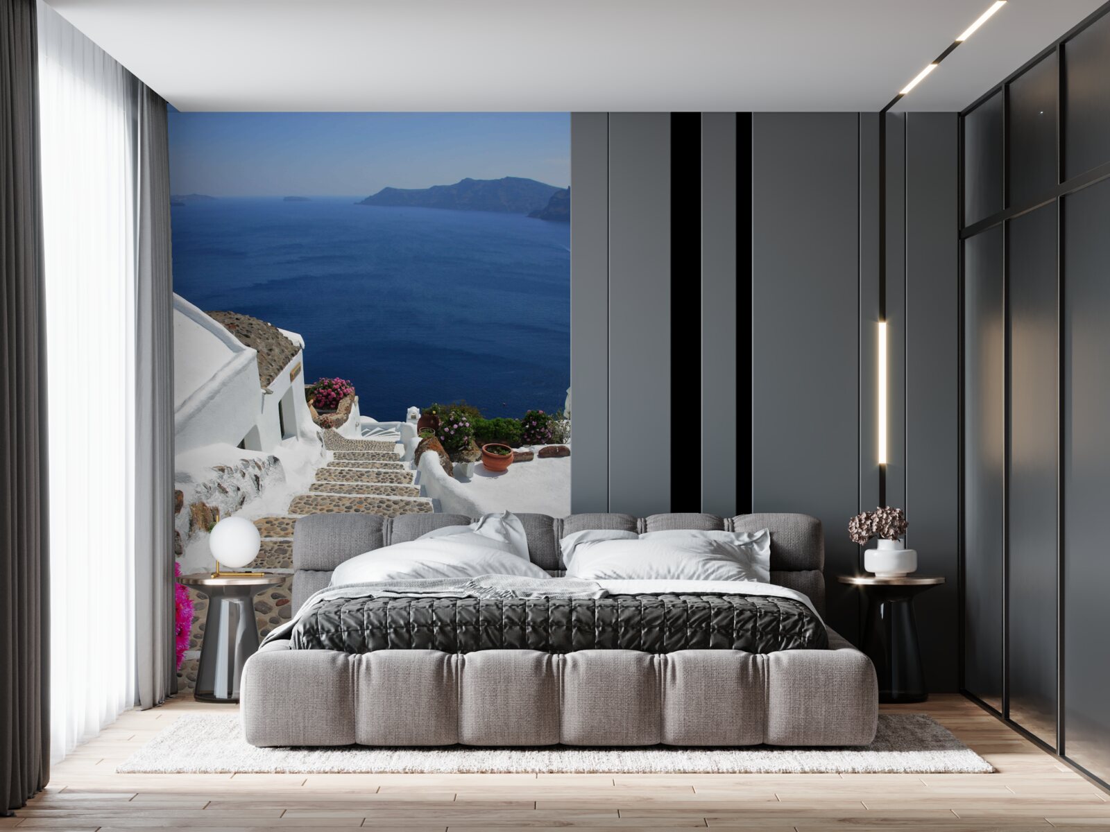 Фотошпалери сходи, що ведуть до моря та набережної в греції