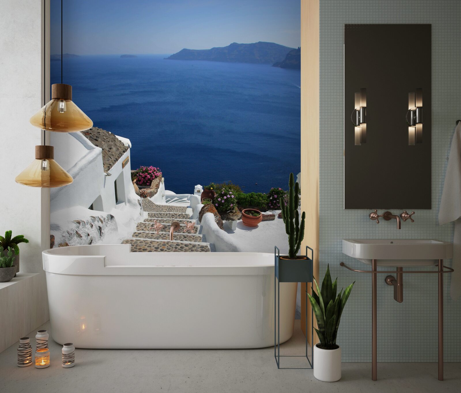 Фотошпалери сходи, що ведуть до моря та набережної в греції