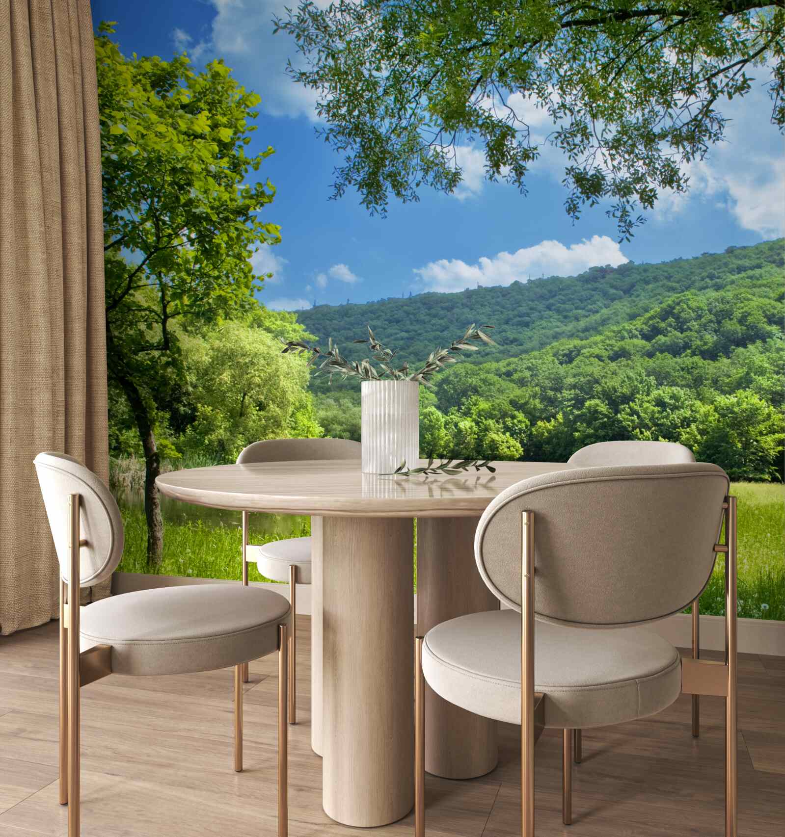 Фотошпалери сонячний, яскравий день на зеленій галявині в лісі