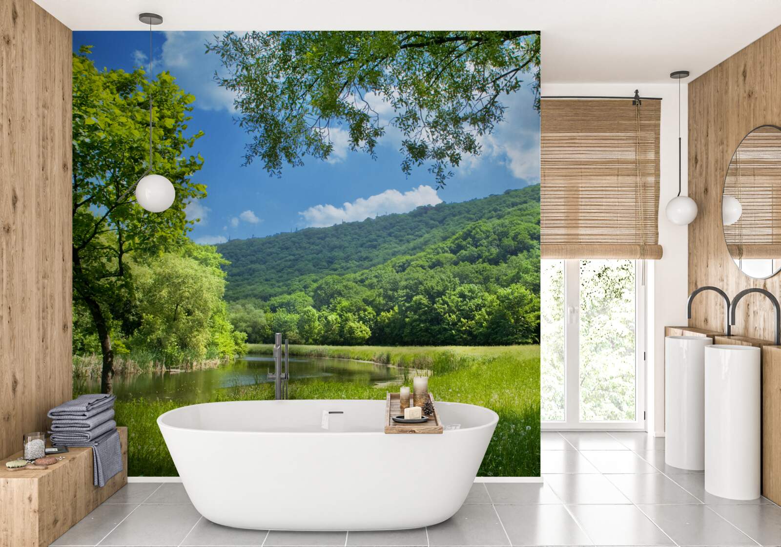 Фотошпалери сонячний, яскравий день на зеленій галявині в лісі