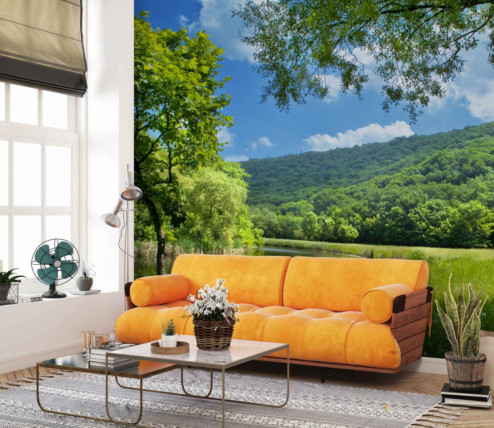 Фотошпалери сонячний, яскравий день на зеленій галявині в лісі