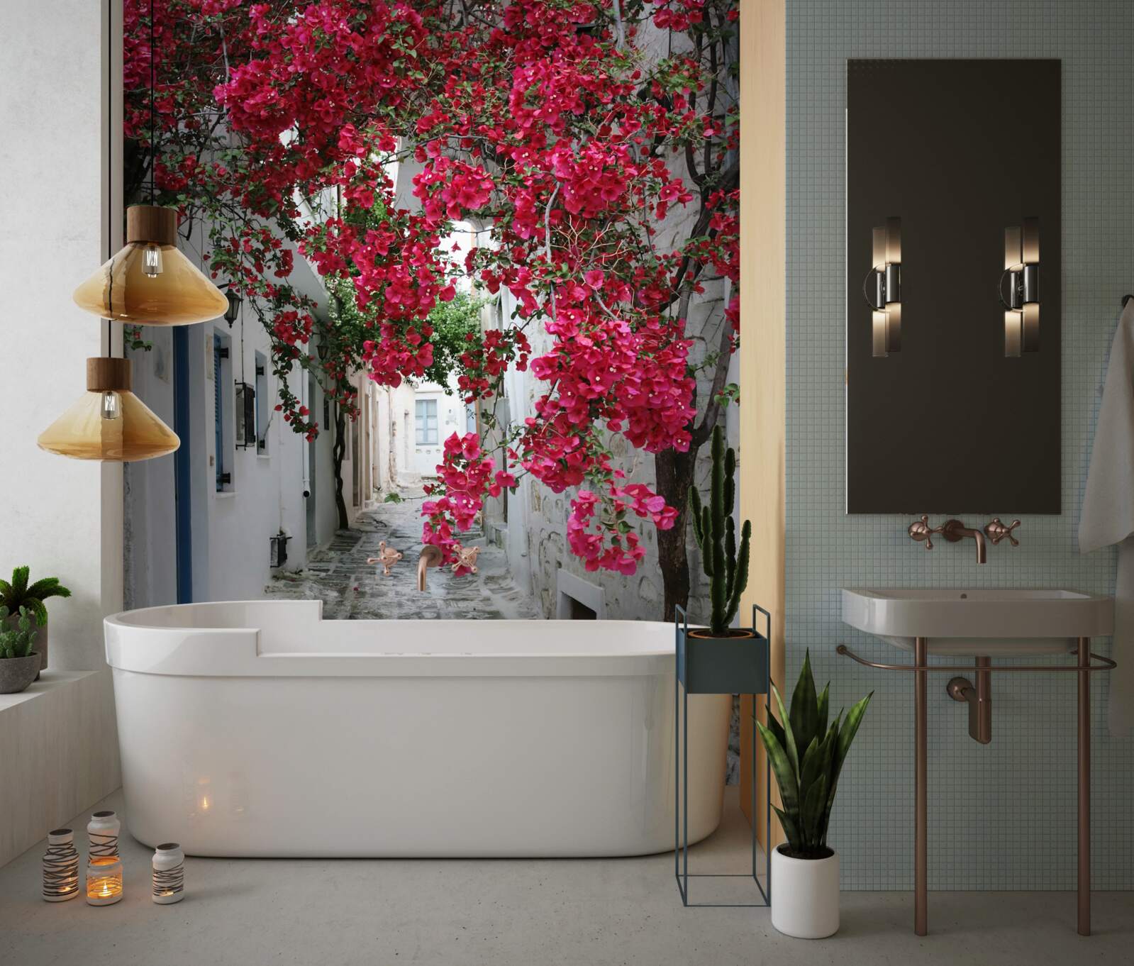 Фотошпалери пишні кущі нависають над вуличними стінами