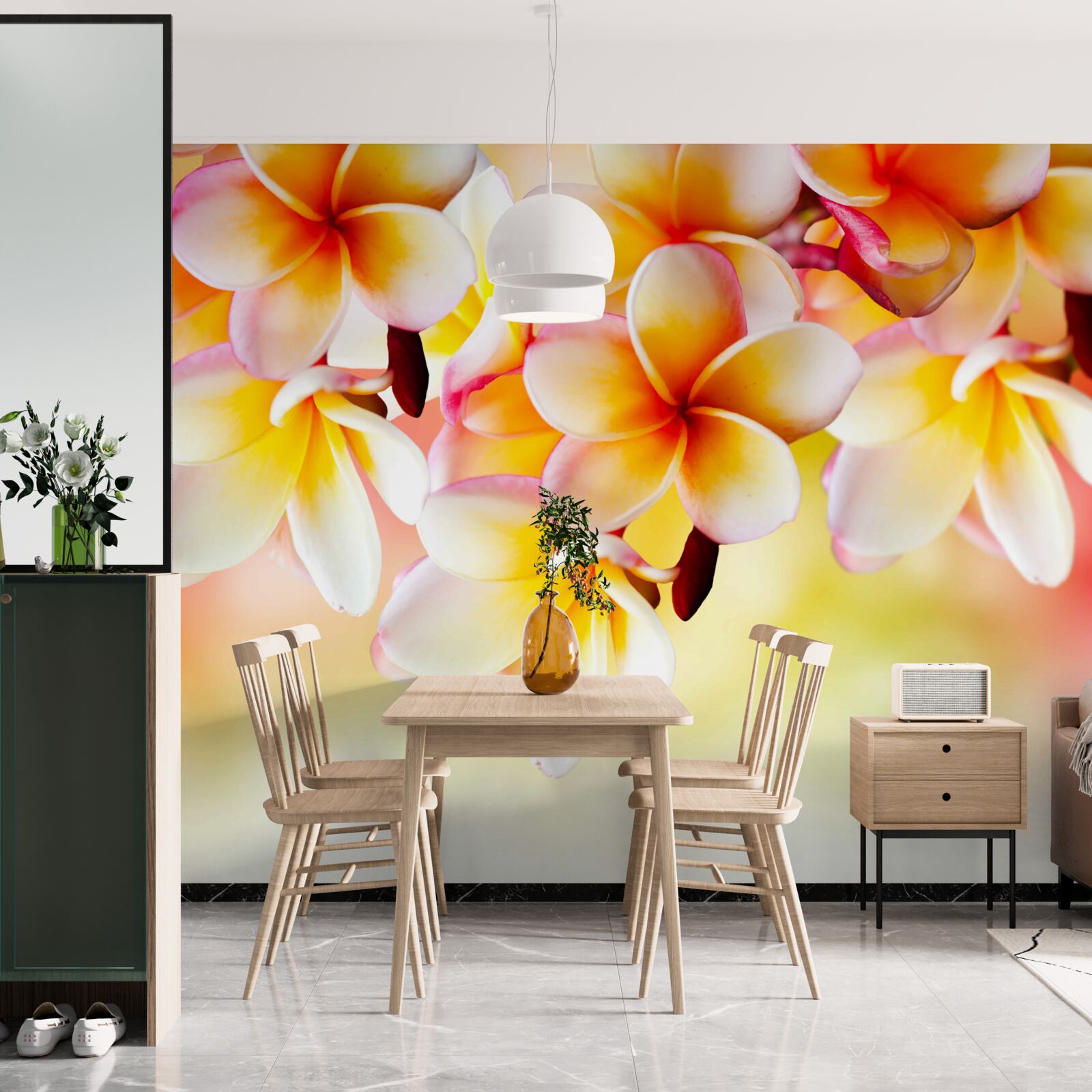 Фотошпалери білі та помаранчеві квіти звисають над поверхнею води