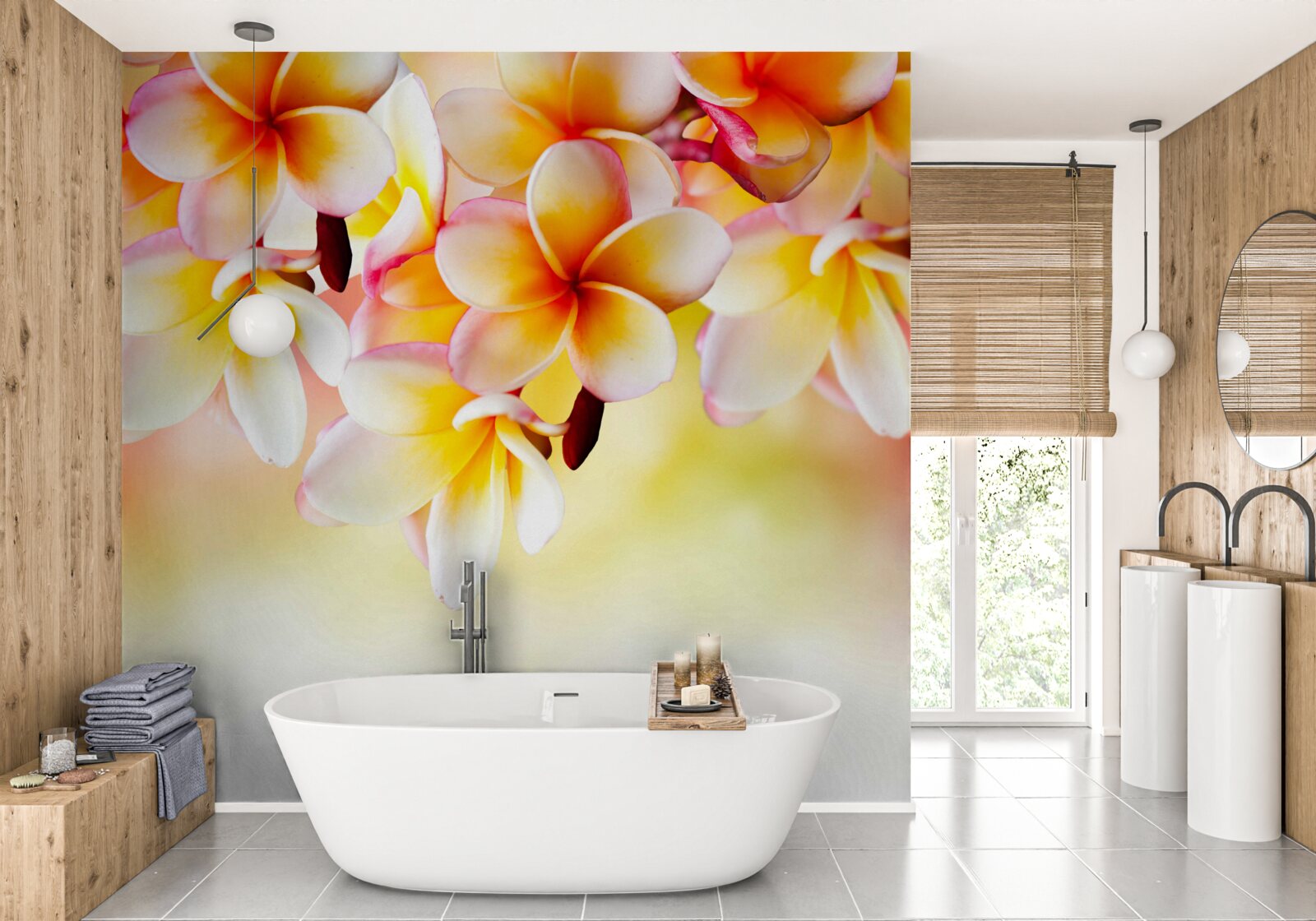 Фотошпалери білі та помаранчеві квіти звисають над поверхнею води