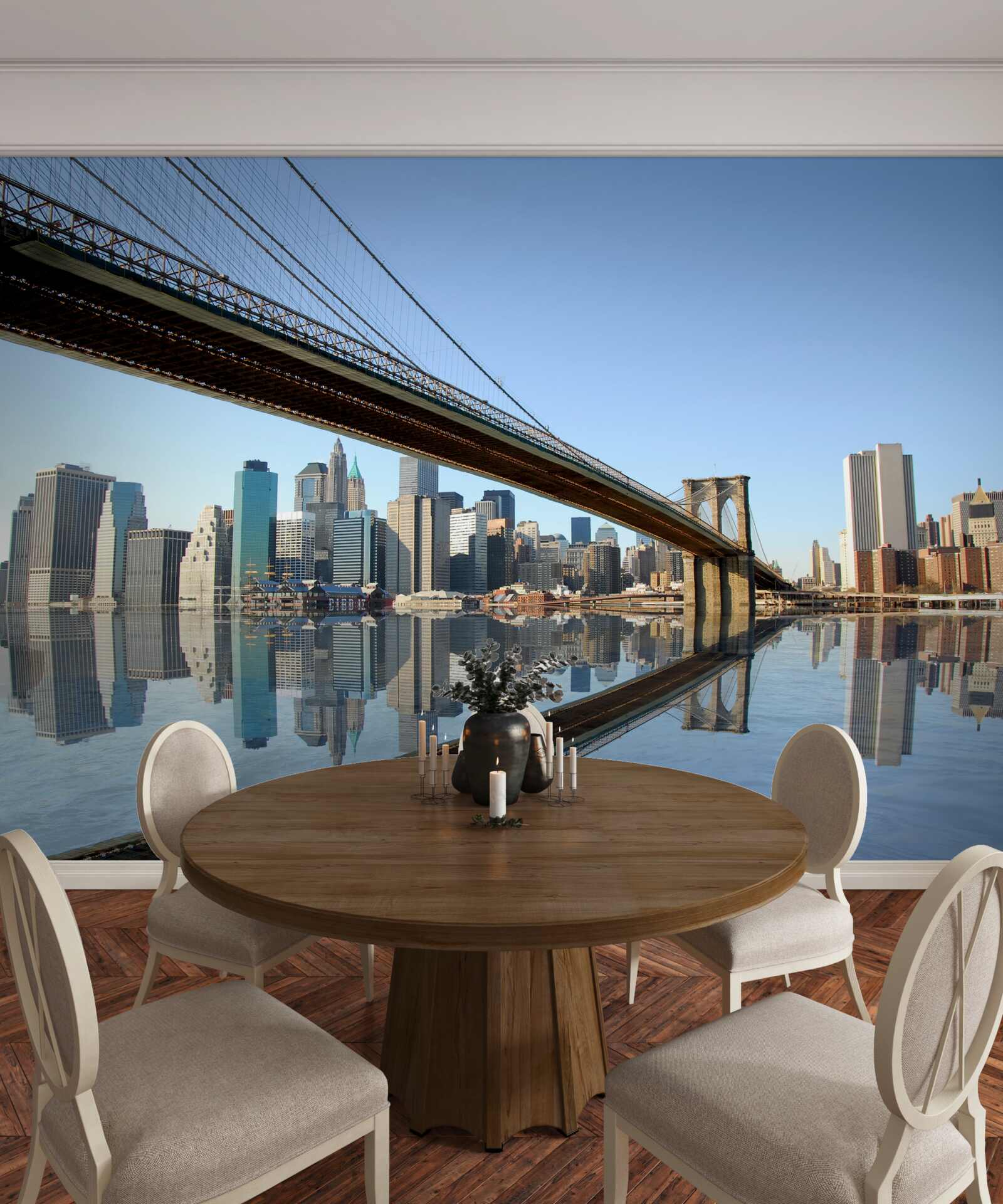 Фотошпалери міст, що перетинає річку і веде до великого міста