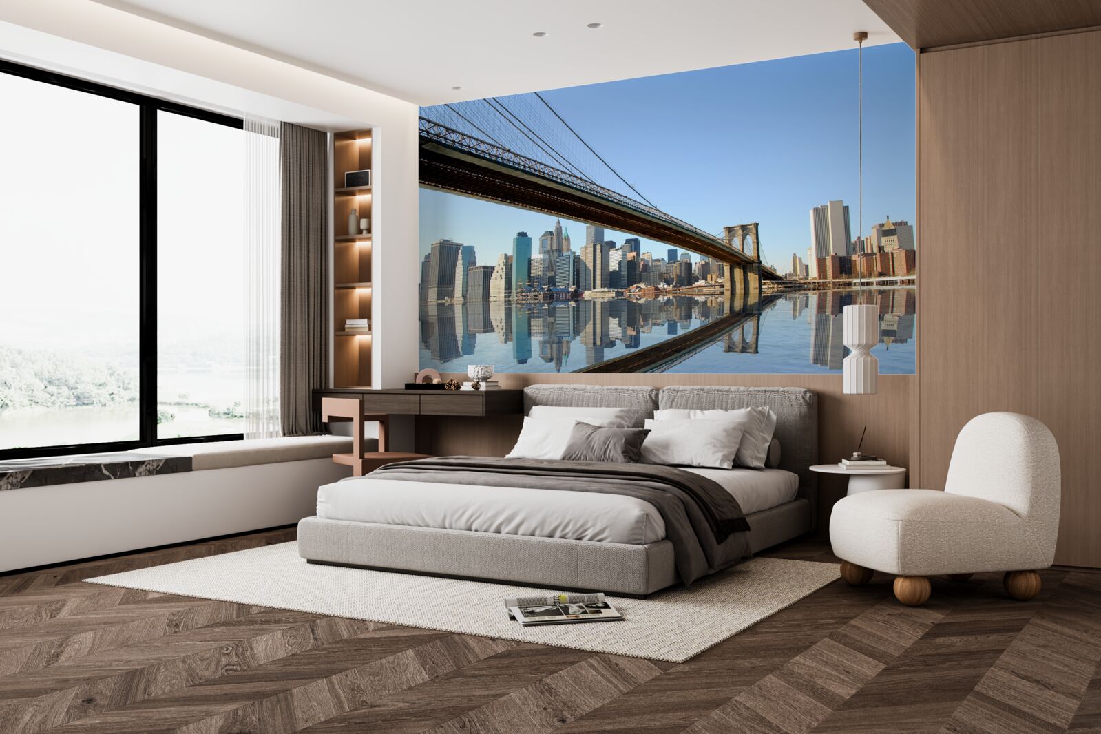 Фотошпалери міст, що перетинає річку і веде до великого міста