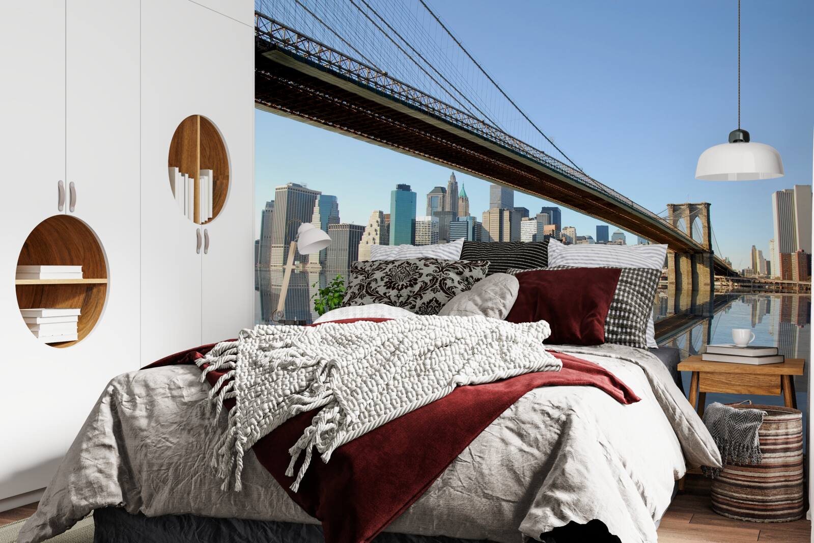 Фотошпалери міст, що перетинає річку і веде до великого міста