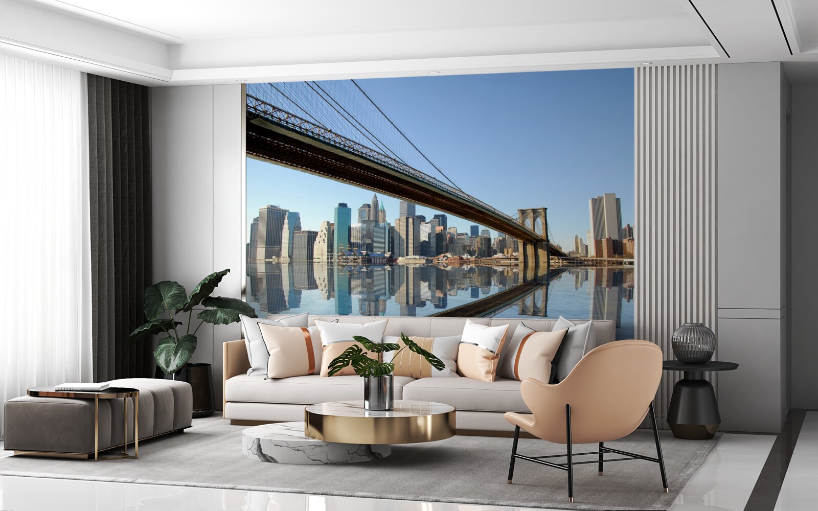 Фотошпалери міст, що перетинає річку і веде до великого міста