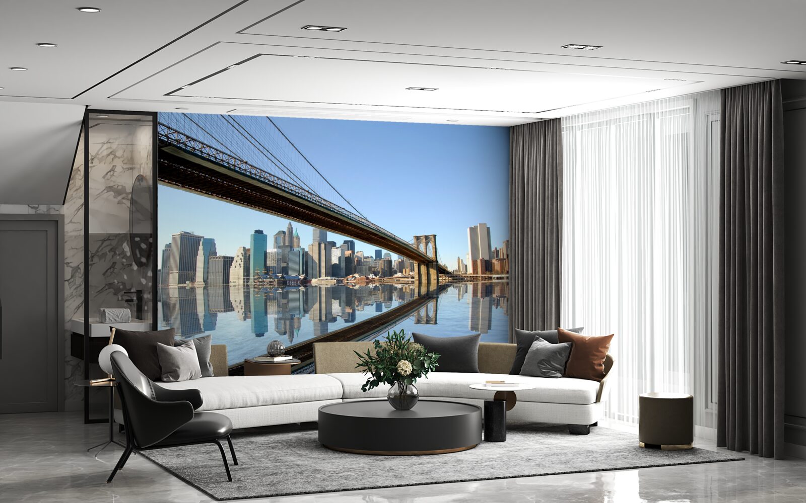 Фотошпалери міст, що перетинає річку і веде до великого міста