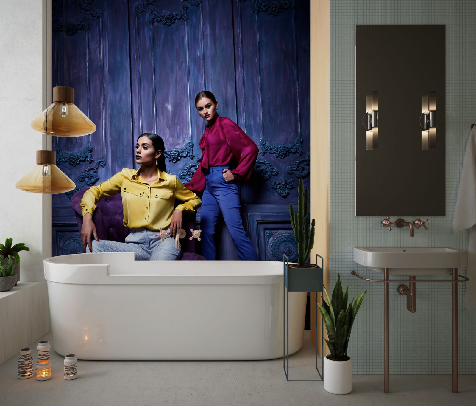 Фотошпалери дівчата на високих підборах фотографуються біля стародавнього муру