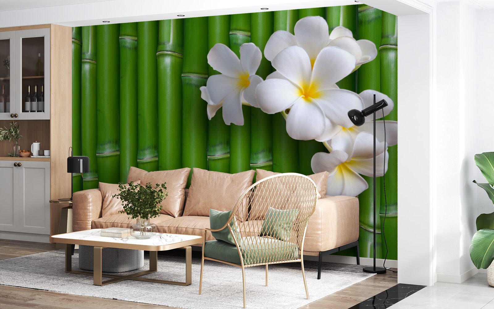 Фотошпалери яскраві квіти на високому зеленому бамбуку