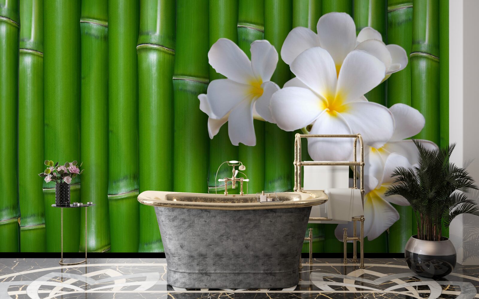 Фотошпалери яскраві квіти на високому зеленому бамбуку