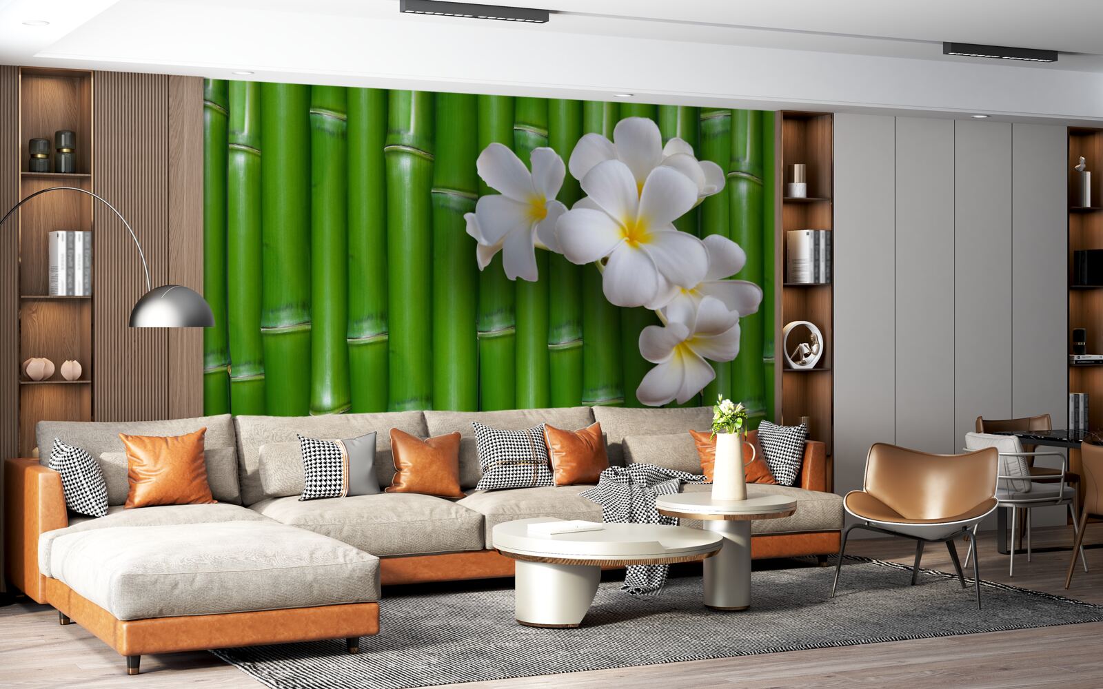 Фотошпалери яскраві квіти на високому зеленому бамбуку