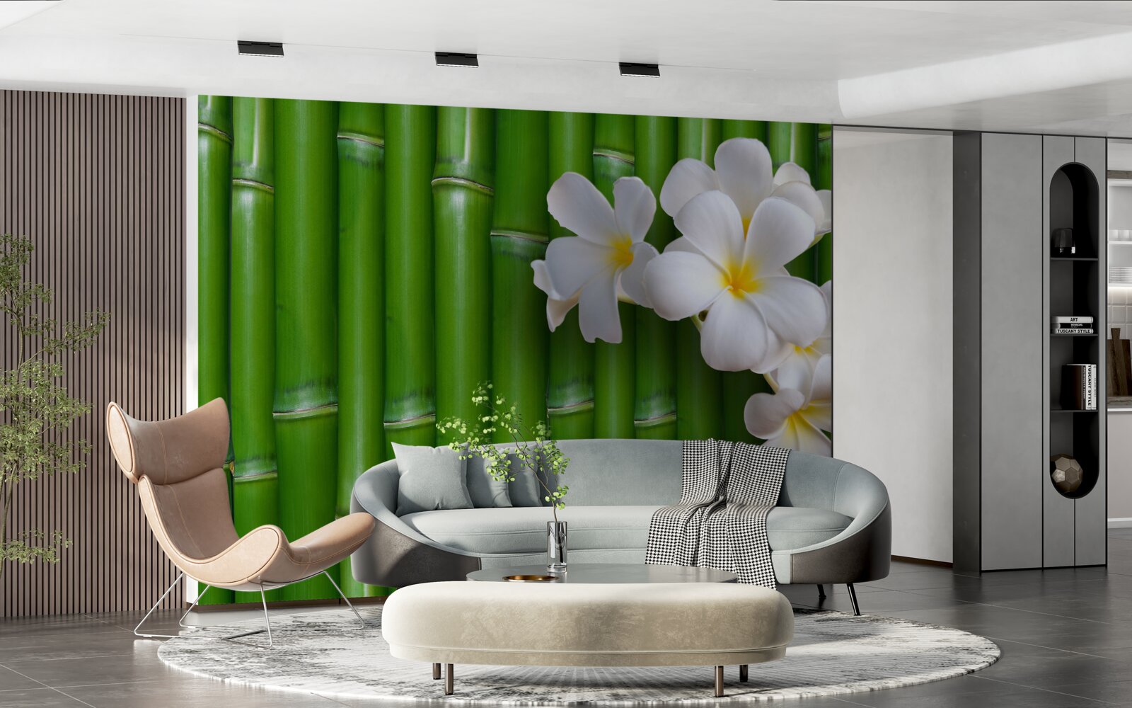 Фотошпалери яскраві квіти на високому зеленому бамбуку