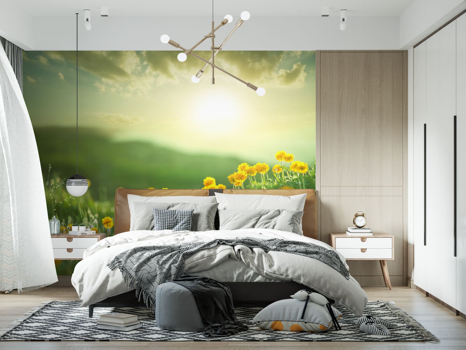 Фотошпалери на лузі золоті кульбаби зустрічають схід сонця