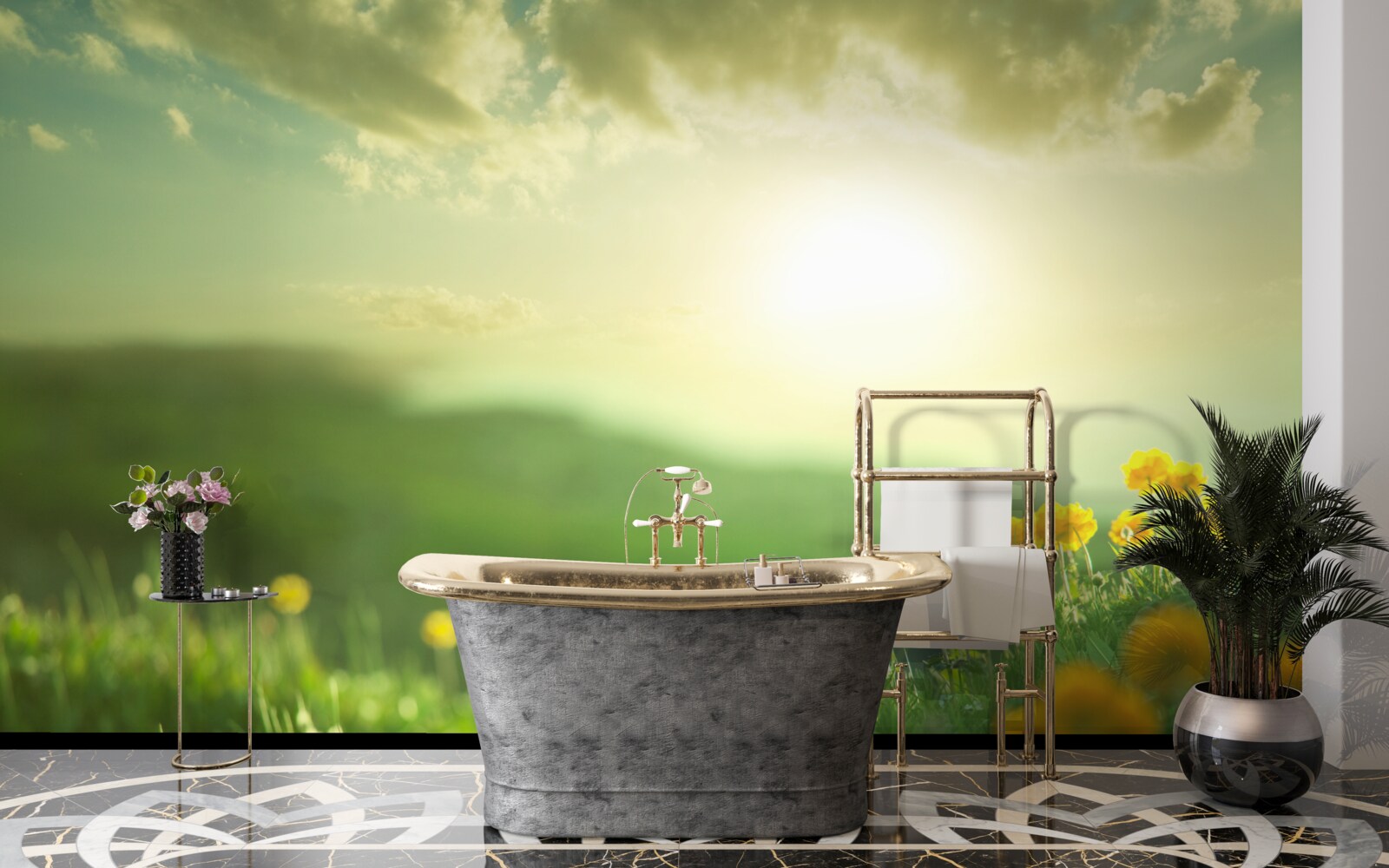 Фотошпалери на лузі золоті кульбаби зустрічають схід сонця