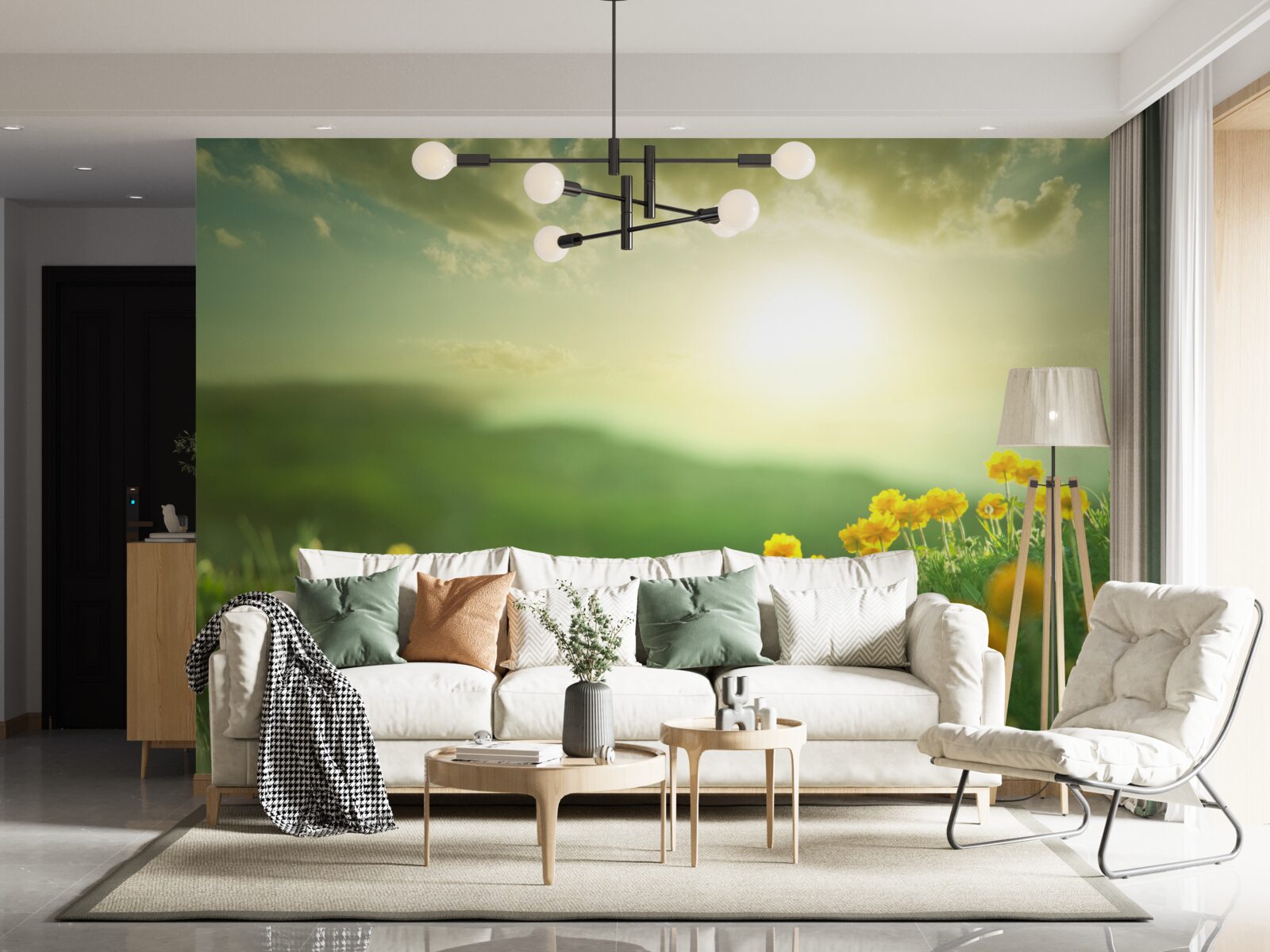 Фотошпалери на лузі золоті кульбаби зустрічають схід сонця