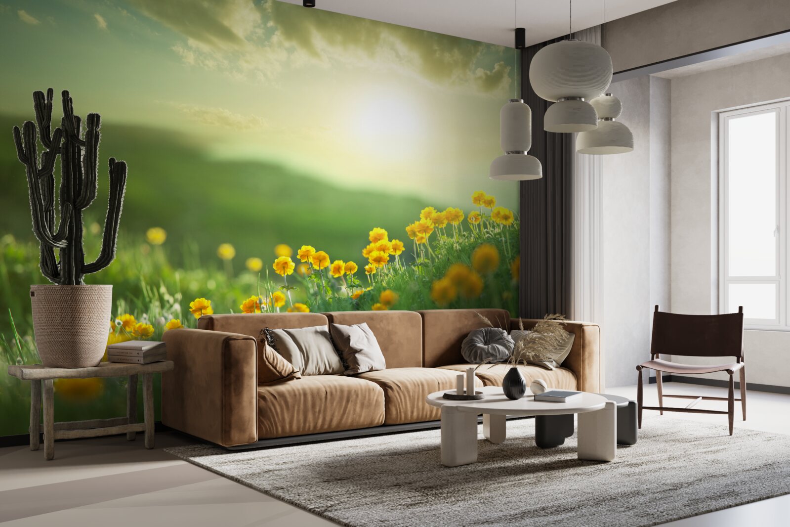 Фотошпалери на лузі золоті кульбаби зустрічають схід сонця